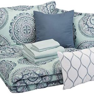 Amazon Basics 10-Piece Bed-in-a-Bag - Soft, Easy-Wash Microfiber - Full/Queen, Sea Foam Medallion