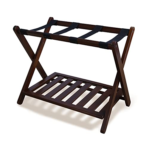 Stony Edge folding luggage rack for guest room Perfect sized 26.75”x16”x22.25” with Extra Shelf Storage - Suitable for Luggage, Suitcase and Shoes (WALNUT)