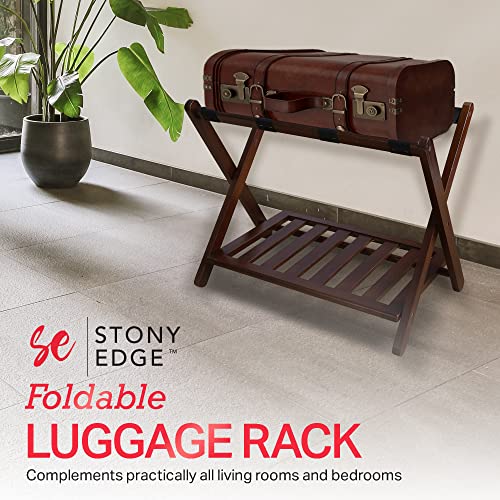 Stony Edge folding luggage rack for guest room Perfect sized 26.75”x16”x22.25” with Extra Shelf Storage - Suitable for Luggage, Suitcase and Shoes (WALNUT)