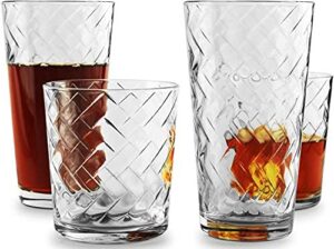 circleware chevron huge glassware highball tumbler drinking glasses and whiskey cups for water, beer, juice, ice tea beverages, 12 piece set, clear