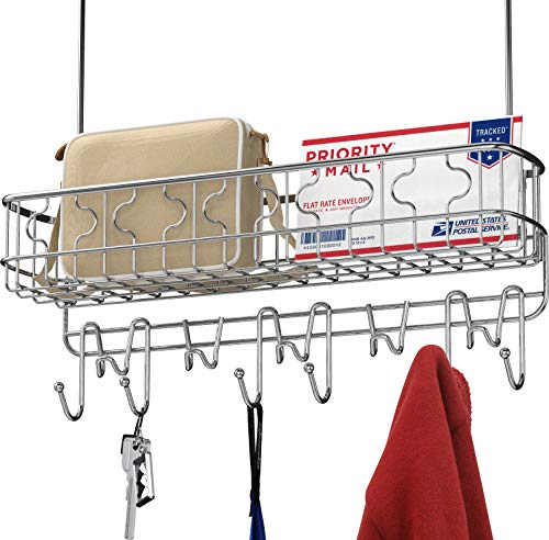 Simple Houseware Over The Door 11 Hook Organizer Rack with Basket Storage, Chrome