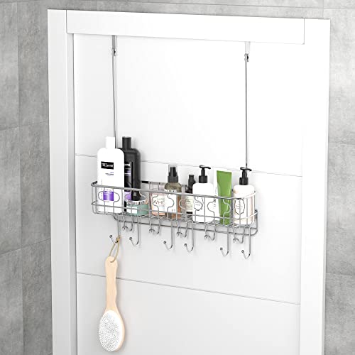 Simple Houseware Over The Door 11 Hook Organizer Rack with Basket Storage, Chrome