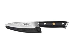 Sasaki Takumi Japanese AUS-10 Stainless Steel Paring Knife with Locking Sheath, 3.5-Inch, Black