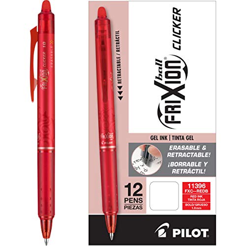 Pilot, FriXion Clicker Erasable Gel Pens, Bold Point 1 mm, Pack of 12, Red