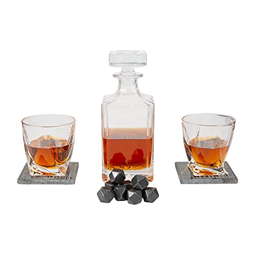 Atterstone Whiskey Decanter Crate Set for Men and Women - Whiskey Decanter, 2 Swirl Glasses, 9 Chilling Whisky Stone, 2 Coaster, Crate Pinewood Box, Gift for Holidays, Father's Day, Groomsmen, Wedding