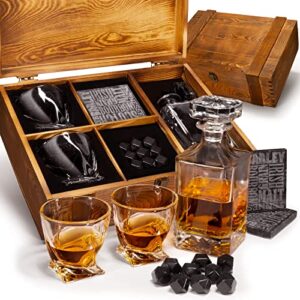 atterstone whiskey decanter crate set for men and women - whiskey decanter, 2 swirl glasses, 9 chilling whisky stone, 2 coaster, crate pinewood box, gift for holidays, father's day, groomsmen, wedding