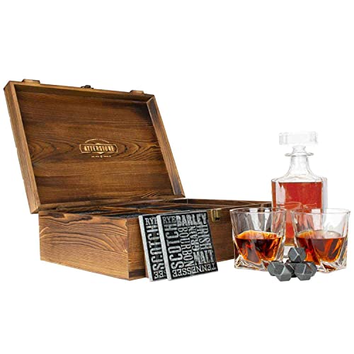 Atterstone Whiskey Decanter Crate Set for Men and Women - Whiskey Decanter, 2 Swirl Glasses, 9 Chilling Whisky Stone, 2 Coaster, Crate Pinewood Box, Gift for Holidays, Father's Day, Groomsmen, Wedding