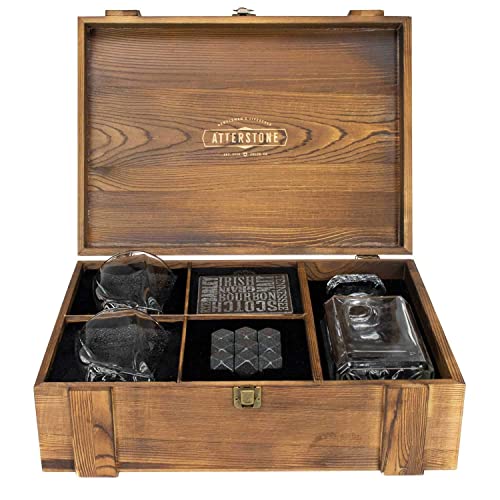 Atterstone Whiskey Decanter Crate Set for Men and Women - Whiskey Decanter, 2 Swirl Glasses, 9 Chilling Whisky Stone, 2 Coaster, Crate Pinewood Box, Gift for Holidays, Father's Day, Groomsmen, Wedding