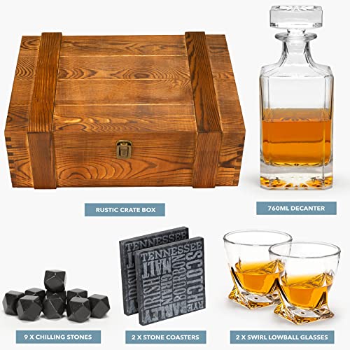 Atterstone Whiskey Decanter Crate Set for Men and Women - Whiskey Decanter, 2 Swirl Glasses, 9 Chilling Whisky Stone, 2 Coaster, Crate Pinewood Box, Gift for Holidays, Father's Day, Groomsmen, Wedding