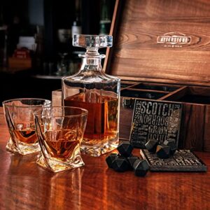 Atterstone Whiskey Decanter Crate Set for Men and Women - Whiskey Decanter, 2 Swirl Glasses, 9 Chilling Whisky Stone, 2 Coaster, Crate Pinewood Box, Gift for Holidays, Father's Day, Groomsmen, Wedding