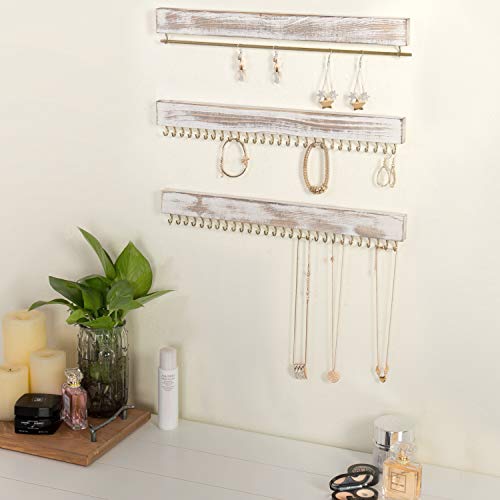 MyGift 3 Piece Hanging Jewelry Rack for Wall, Whitewashed Wood Jewelry Organizer with Brass Metal Hooks and Rod for Holding Earrings, Bracelets, and Necklaces