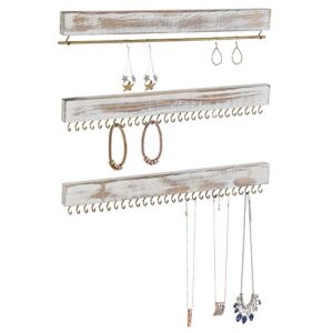 MyGift 3 Piece Hanging Jewelry Rack for Wall, Whitewashed Wood Jewelry Organizer with Brass Metal Hooks and Rod for Holding Earrings, Bracelets, and Necklaces