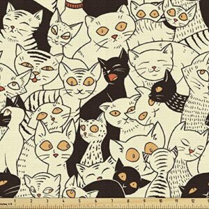 lunarable cat fabric by the yard, modern big eyed funk style kitties with retro influences animal graphic, decorative fabric for upholstery and home accents, 1 yard, yellow black