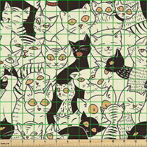 Lunarable Cat Fabric by The Yard, Modern Big Eyed Funk Style Kitties with Retro Influences Animal Graphic, Decorative Fabric for Upholstery and Home Accents, 1 Yard, Yellow Black