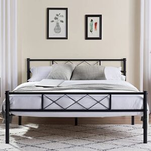 vecelo metal platform bed frame mattress foundation with headboard & footboard/firm support & easy set up structure, queen, black