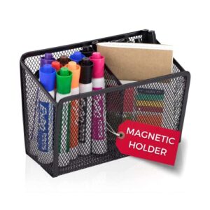 workablez pencil holder for desk, magnetic pen holder for refrigerator, magnetic marker holder for whiteboard, 2 large mesh storage compartments – black