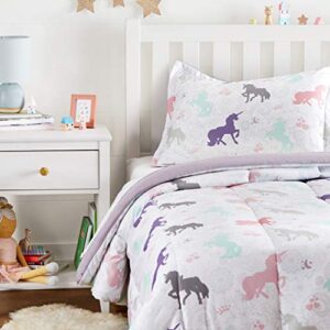 amazon basics easy-wash microfiber kid's comforter and pillow sham set - twin, purple unicorns