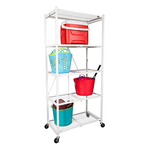 Origami 5-Shelf Foldable Storage Shelves for Garage Kitchen Home Closet, Metal Wire, Collapsible Organizer Rack, Holds up to 1000 pounds, Powder-Coated Steel, Heavy Duty | White