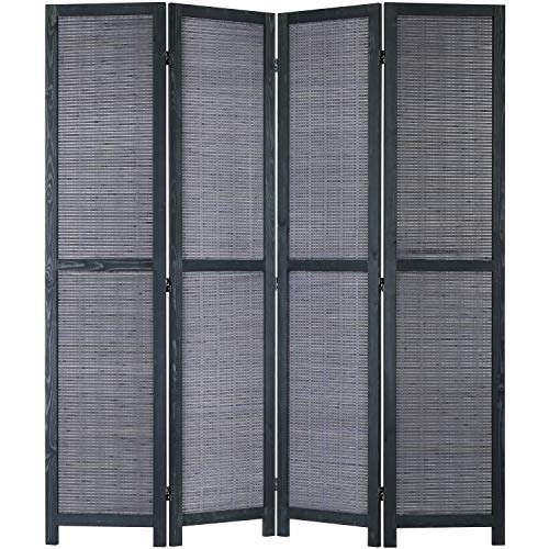 MyGift 4-Panel Bamboo Woven Wood Room Divider Privacy Folding Screen Partition with Dual-Action Hinges, Gray