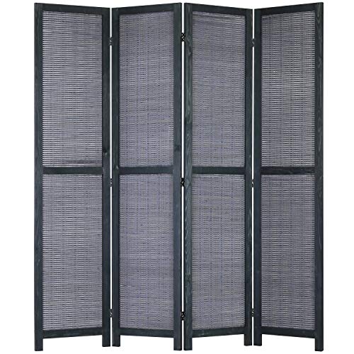 MyGift 4-Panel Bamboo Woven Wood Room Divider Privacy Folding Screen Partition with Dual-Action Hinges, Gray