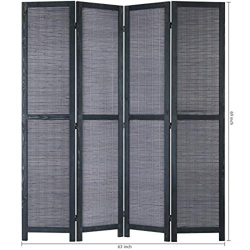 MyGift 4-Panel Bamboo Woven Wood Room Divider Privacy Folding Screen Partition with Dual-Action Hinges, Gray