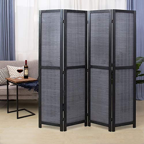 MyGift 4-Panel Bamboo Woven Wood Room Divider Privacy Folding Screen Partition with Dual-Action Hinges, Gray