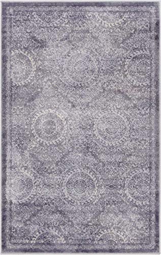 Unique Loom Leila Collection Distressed, Traditional, Vintage, Geometric, Border, High-Low Pile Area Rug (3' 3 x 5' 3 Rectangular, Gray/Ivory)