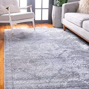 Unique Loom Leila Collection Distressed, Traditional, Vintage, Geometric, Border, High-Low Pile Area Rug (3' 3 x 5' 3 Rectangular, Gray/Ivory)