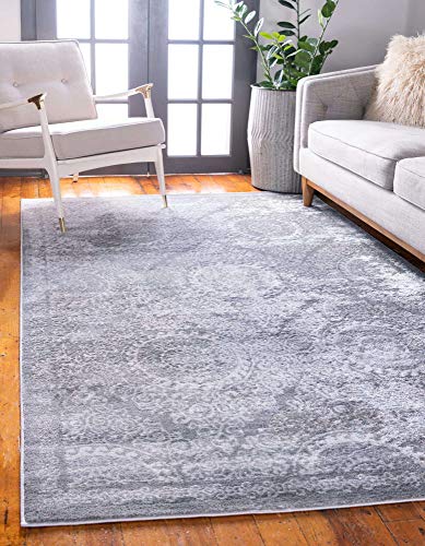 Unique Loom Leila Collection Distressed, Traditional, Vintage, Geometric, Border, High-Low Pile Area Rug (3' 3 x 5' 3 Rectangular, Gray/Ivory)