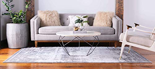 Unique Loom Leila Collection Distressed, Traditional, Vintage, Geometric, Border, High-Low Pile Area Rug (3' 3 x 5' 3 Rectangular, Gray/Ivory)