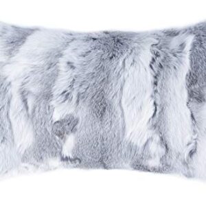 Natural Fur Throw Pillow Cover with Soft Poly Insert | Handcrafted Fluffy Decorative Pillow with Real Rabbit Fur, Grey, 12 in x 20 in