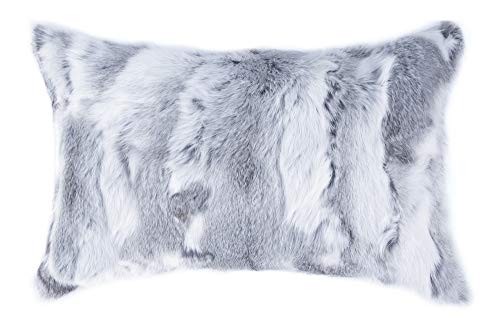 Natural Fur Throw Pillow Cover with Soft Poly Insert | Handcrafted Fluffy Decorative Pillow with Real Rabbit Fur, Grey, 12 in x 20 in