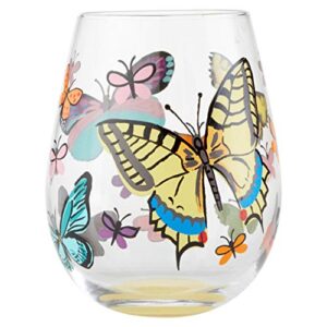 enesco designs by lolita butterfly hand-painted artisan stemless wine glass, 1 count (pack of 1), multicolor