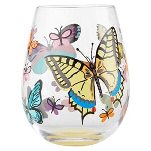 Enesco Designs by Lolita Butterfly Hand-Painted Artisan Stemless Wine Glass, 1 Count (Pack of 1), Multicolor