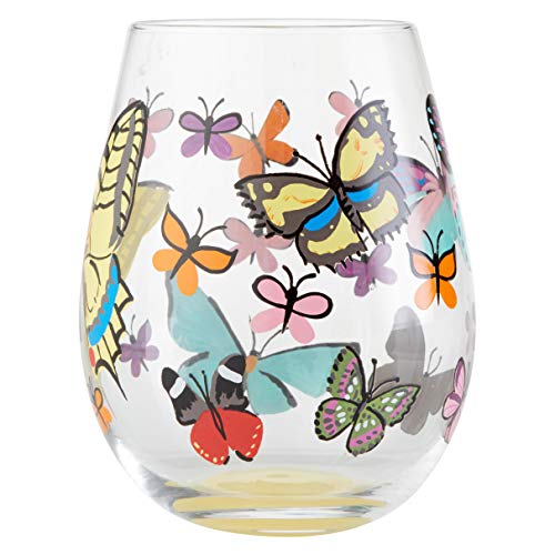 Enesco Designs by Lolita Butterfly Hand-Painted Artisan Stemless Wine Glass, 1 Count (Pack of 1), Multicolor