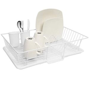 sweet home collection metal, plasic 3 piece dish drainer rack set with drying board and utensil holder, 12" x 19" x 5", white