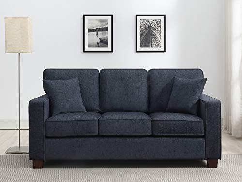 OSP Home Furnishings Russell 3 Seater Sofa with 2 Pillows and Coffee Finished Legs, Navy