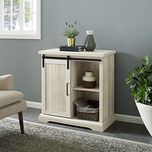 Walker Edison Carson Modern Farmhouse Sliding Slat Door Storage Cabinet, 32 Inch, White Oak