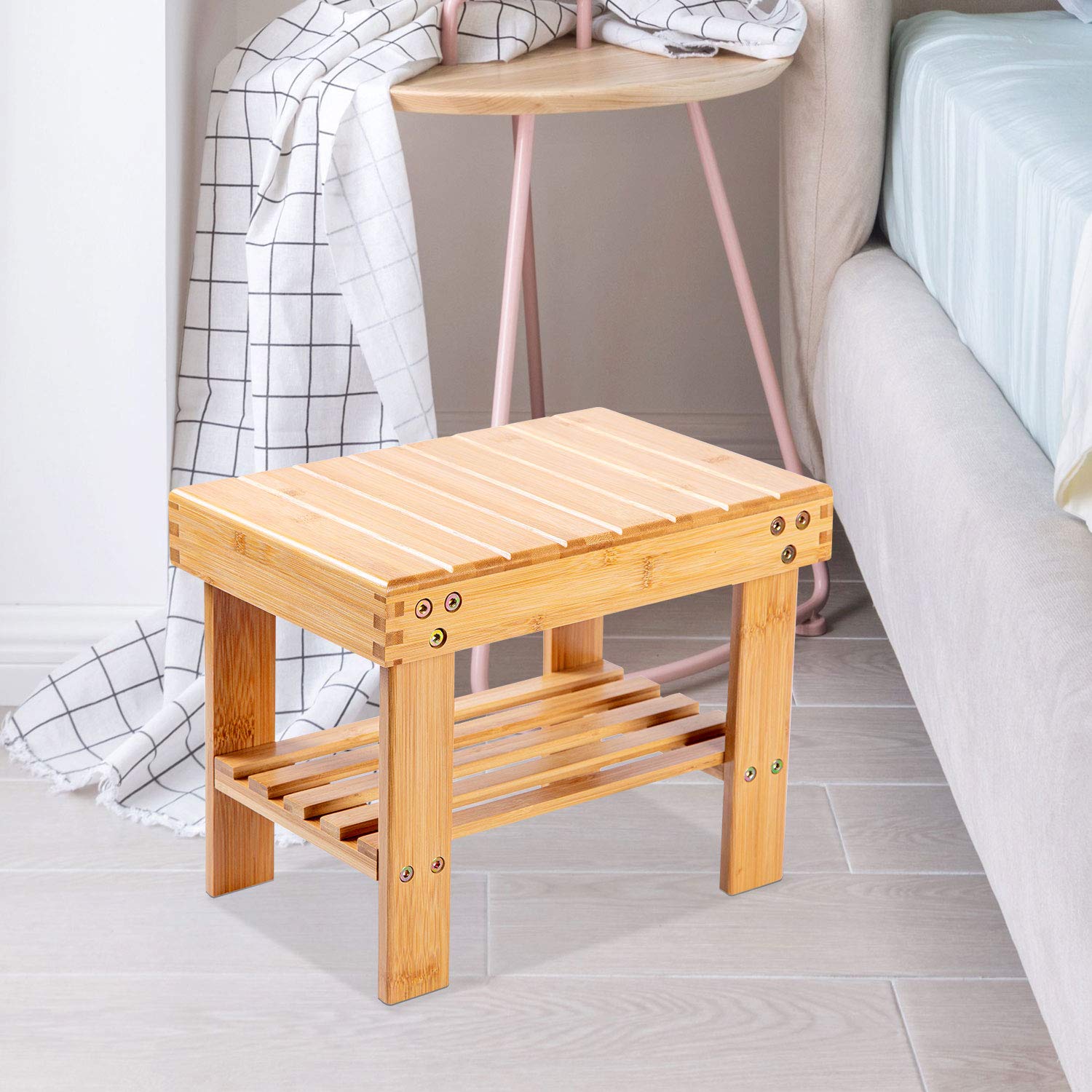 VaeFae Bamboo Small Seat Stool for Kids, Foot Rest Shaving Stool,Storage Shelf, Durable Lightweight and Anti Slip, for Home, Bathroom,Bedside | Nursery School