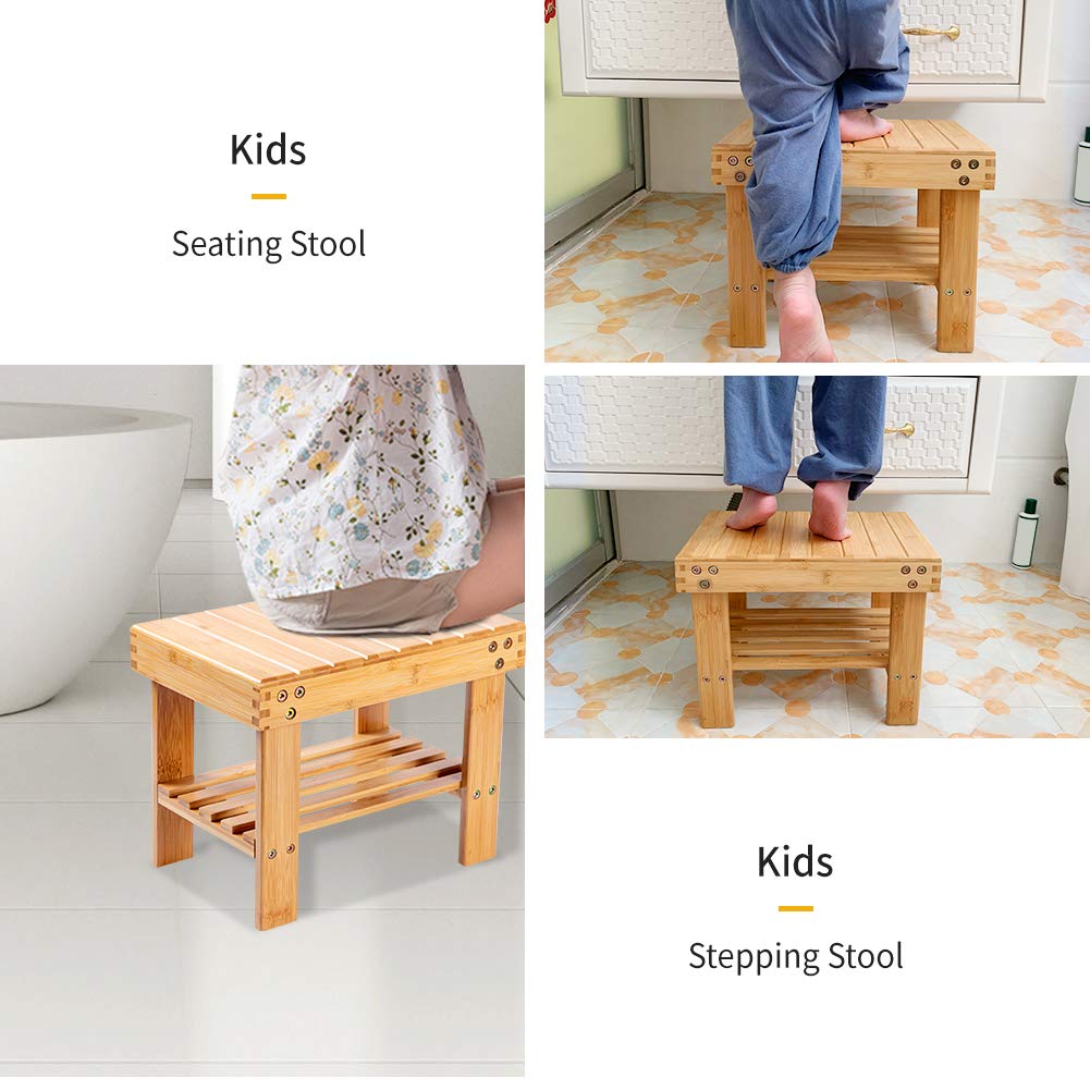 VaeFae Bamboo Small Seat Stool for Kids, Foot Rest Shaving Stool,Storage Shelf, Durable Lightweight and Anti Slip, for Home, Bathroom,Bedside | Nursery School