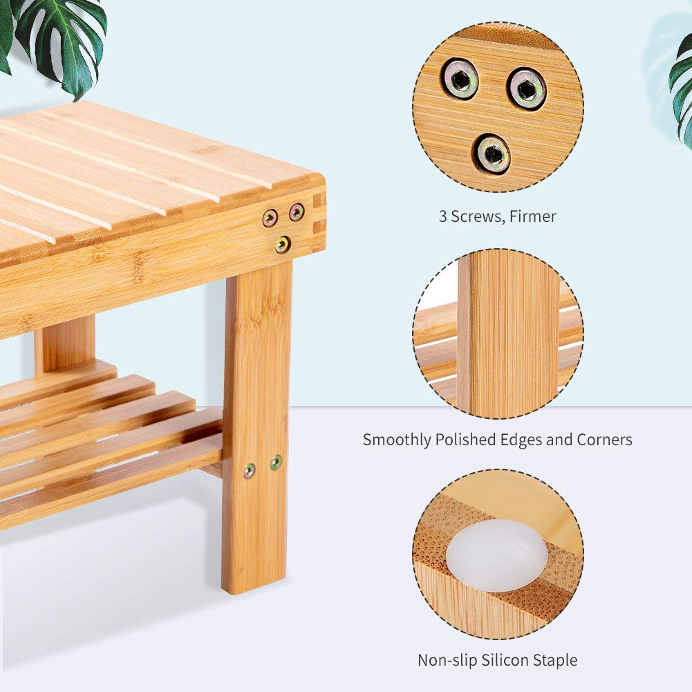 VaeFae Bamboo Small Seat Stool for Kids, Foot Rest Shaving Stool,Storage Shelf, Durable Lightweight and Anti Slip, for Home, Bathroom,Bedside | Nursery School