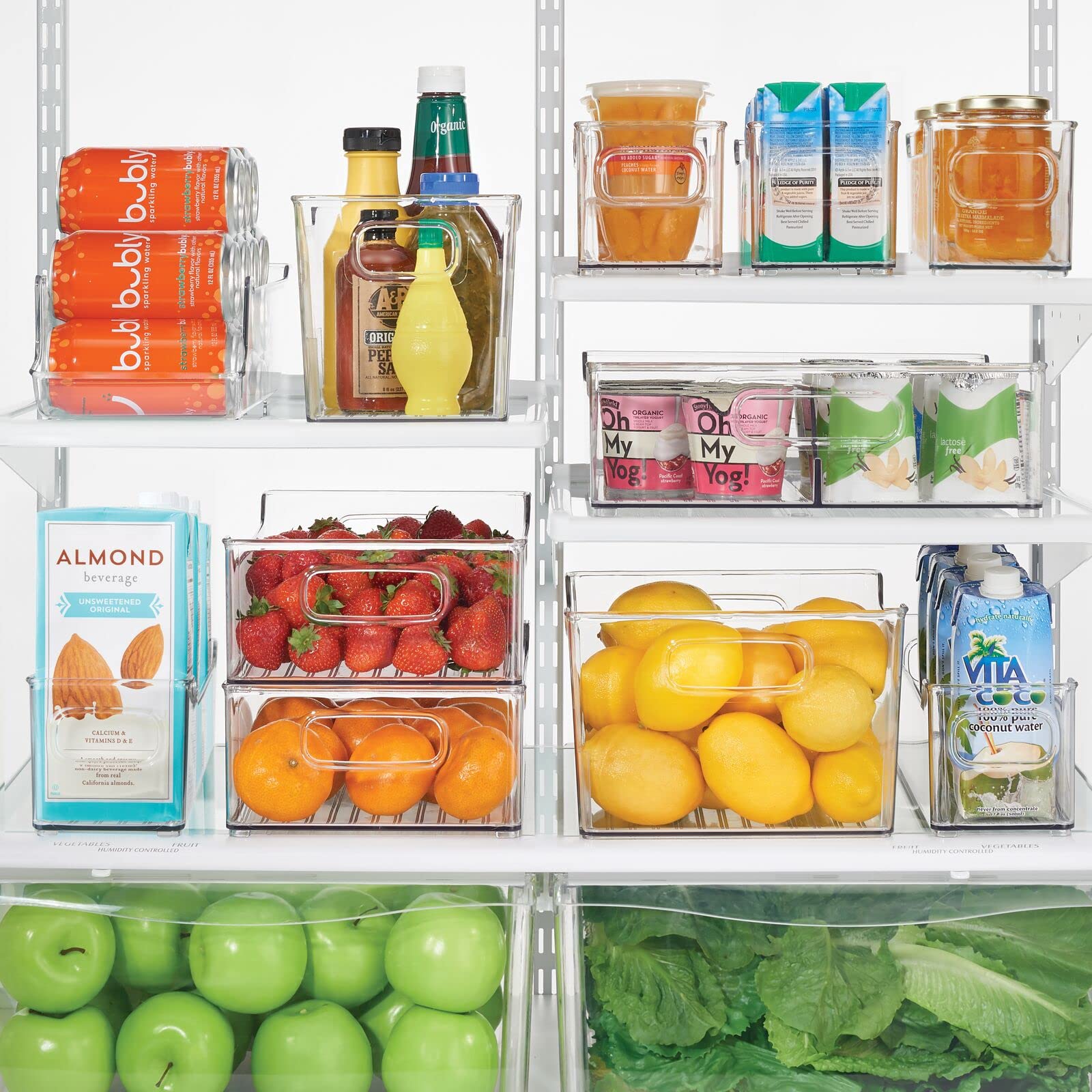 mDesign Wide Plastic Kitchen Storage Container Bins with Handles -Organization in Pantry, Cabinet, Refrigerator or Freezer Shelves - Food Organizer for Fruit, Yogurt, Squeeze Pouches - Clear