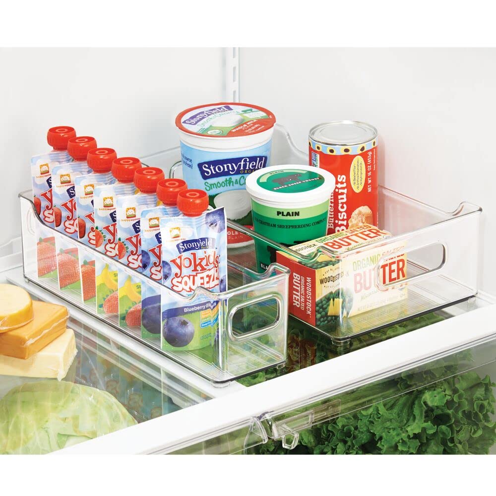 mDesign Wide Plastic Kitchen Storage Container Bins with Handles -Organization in Pantry, Cabinet, Refrigerator or Freezer Shelves - Food Organizer for Fruit, Yogurt, Squeeze Pouches - Clear