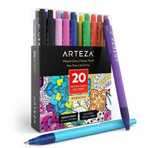 arteza retractable gel ink pens, set of 20 assorted colors, fine tip 0.7 mm, art supplies for writing in a notebook, journal, planner