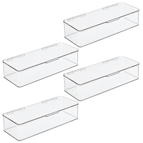 mDesign Long Plastic Kitchen Pantry/Fridge Storage Organizer Box Containers with Hinge Lid for Shelves or Cabinets, Holds Food, Snacks, Seasoning, Condiments, Flatware, Utensils - 4 Pack - Clear