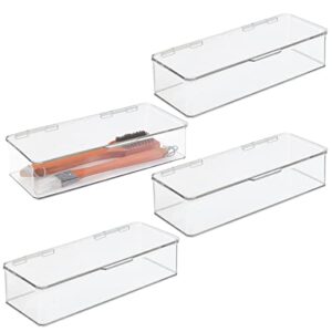 mdesign long plastic kitchen pantry/fridge storage organizer box containers with hinge lid for shelves or cabinets, holds food, snacks, seasoning, condiments, flatware, utensils - 4 pack - clear
