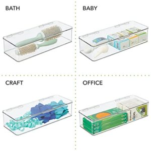 mDesign Long Plastic Kitchen Pantry/Fridge Storage Organizer Box Containers with Hinge Lid for Shelves or Cabinets, Holds Food, Snacks, Seasoning, Condiments, Flatware, Utensils - 4 Pack - Clear