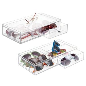 mdesign wide stackable plastic eye glass organizer box holder for sunglasses, reading glasses, lens cleaning cloths, accessories - 2 divided drawers with 6 sections, chrome pulls, 2 pack - clear