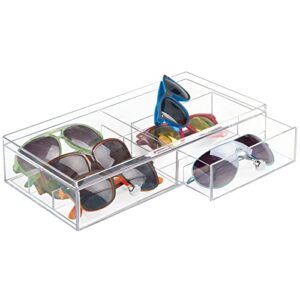 mDesign Wide Stackable Plastic Eye Glass Organizer Box Holder for Sunglasses, Reading Glasses, Lens Cleaning Cloths, Accessories - 2 Divided Drawers with 6 Sections, Chrome Pulls, 2 Pack - Clear