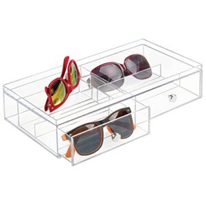 mDesign Wide Stackable Plastic Eye Glass Organizer Box Holder for Sunglasses, Reading Glasses, Lens Cleaning Cloths, Accessories - 2 Divided Drawers with 6 Sections, Chrome Pulls, 2 Pack - Clear